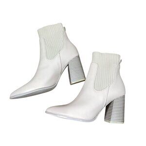 White Faux Leather Block Heel Ankle Boots With Ribbed Knit Stretch Panels Size 7